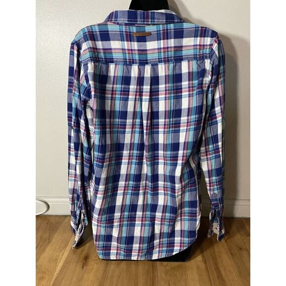 Birds of Paradis by Trovata Shirt Womens L Blue Plaid Roll Tab Sleeve Button Up - Picture 2 of 7